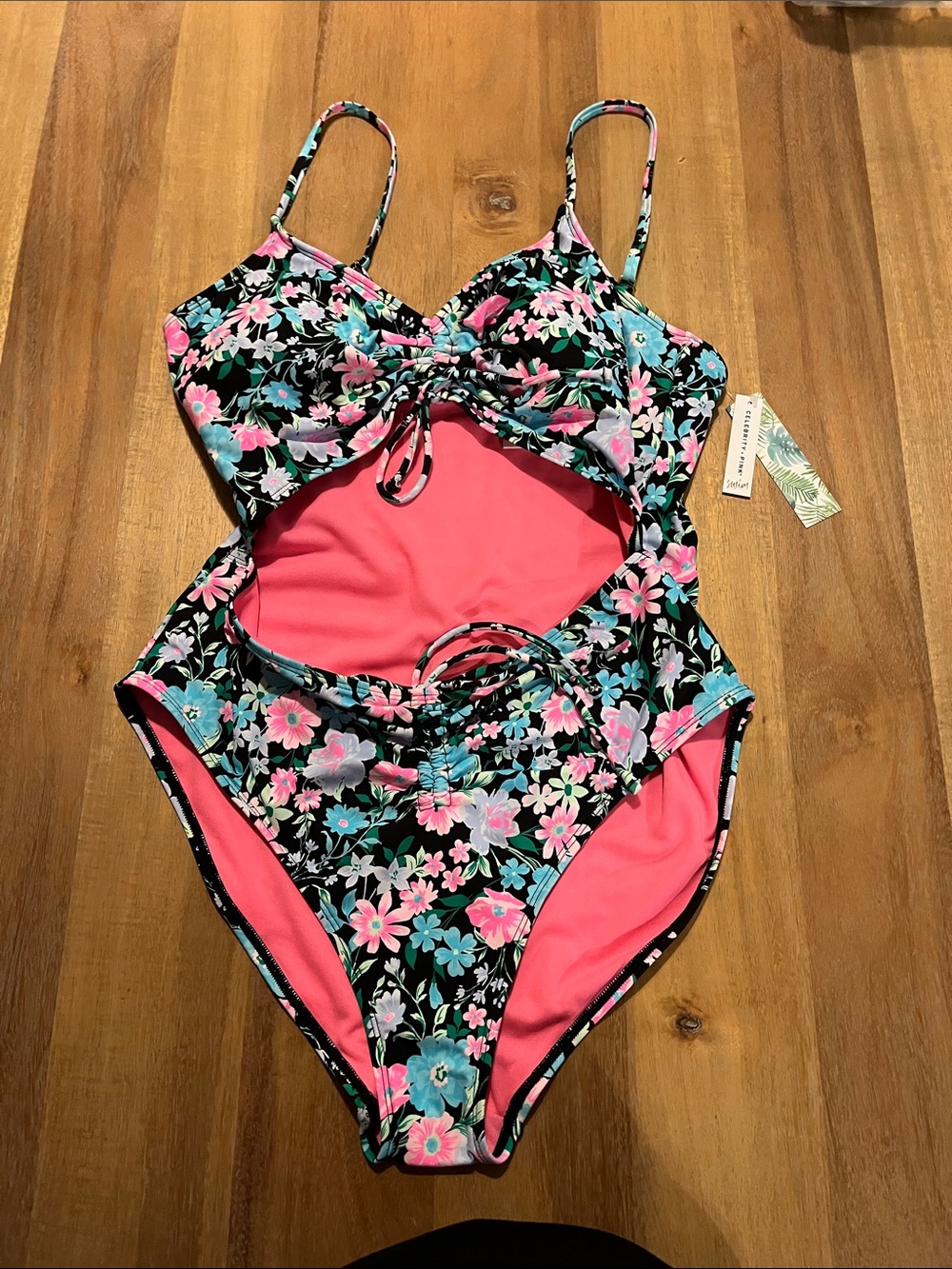 Celebrity Pink Black Floral Cutout One-Piece Swimsuit with Pink Lining